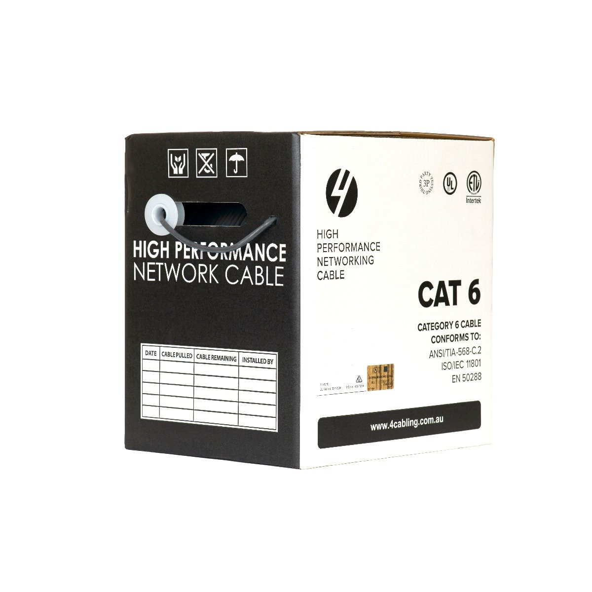 CAT6 Ethernet 305m Cable Reel Box in grey, featuring solid conductor design for high-speed networking.