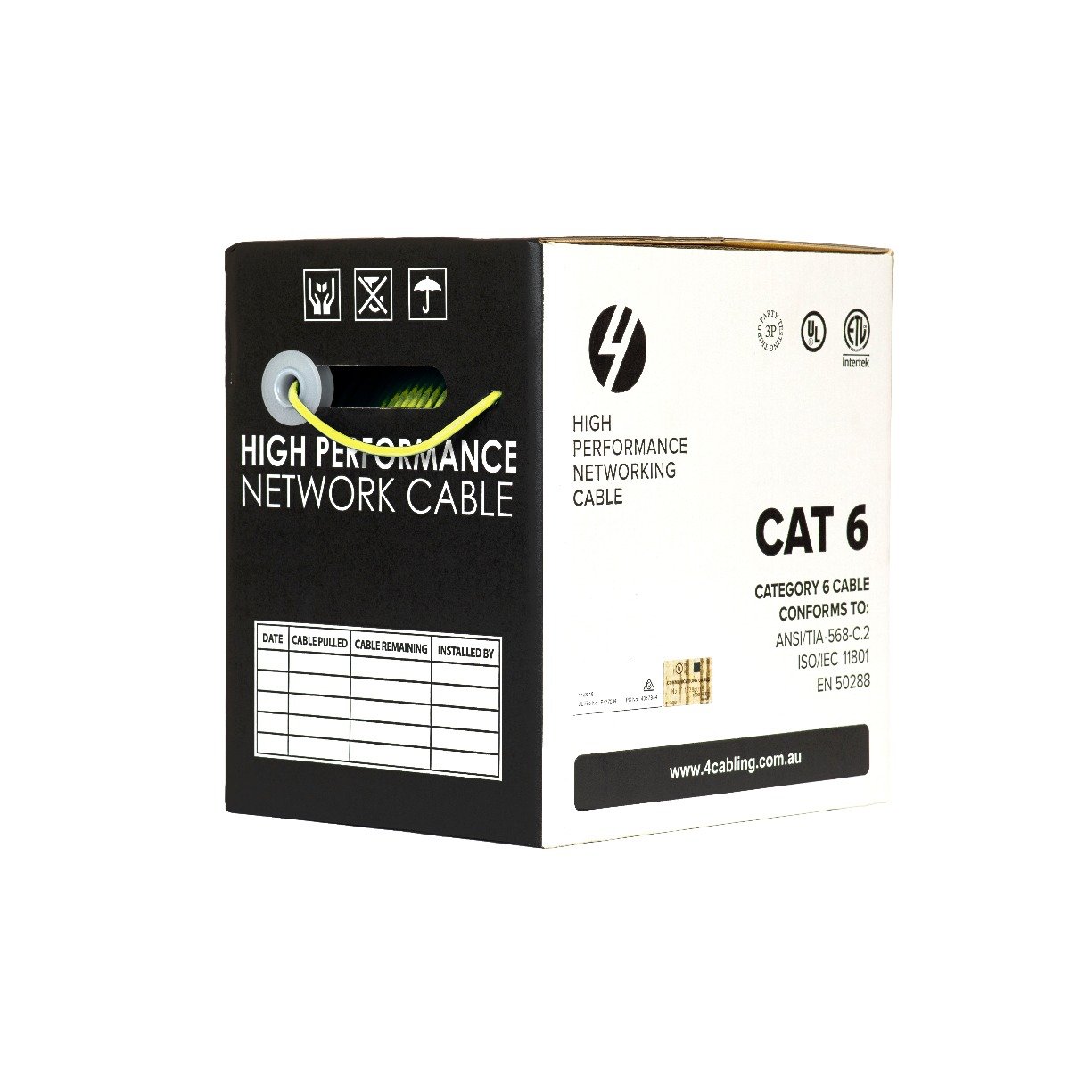 CAT6 Ethernet 305m Cable Reel Box in yellow, showcasing solid conductors for optimal network performance.