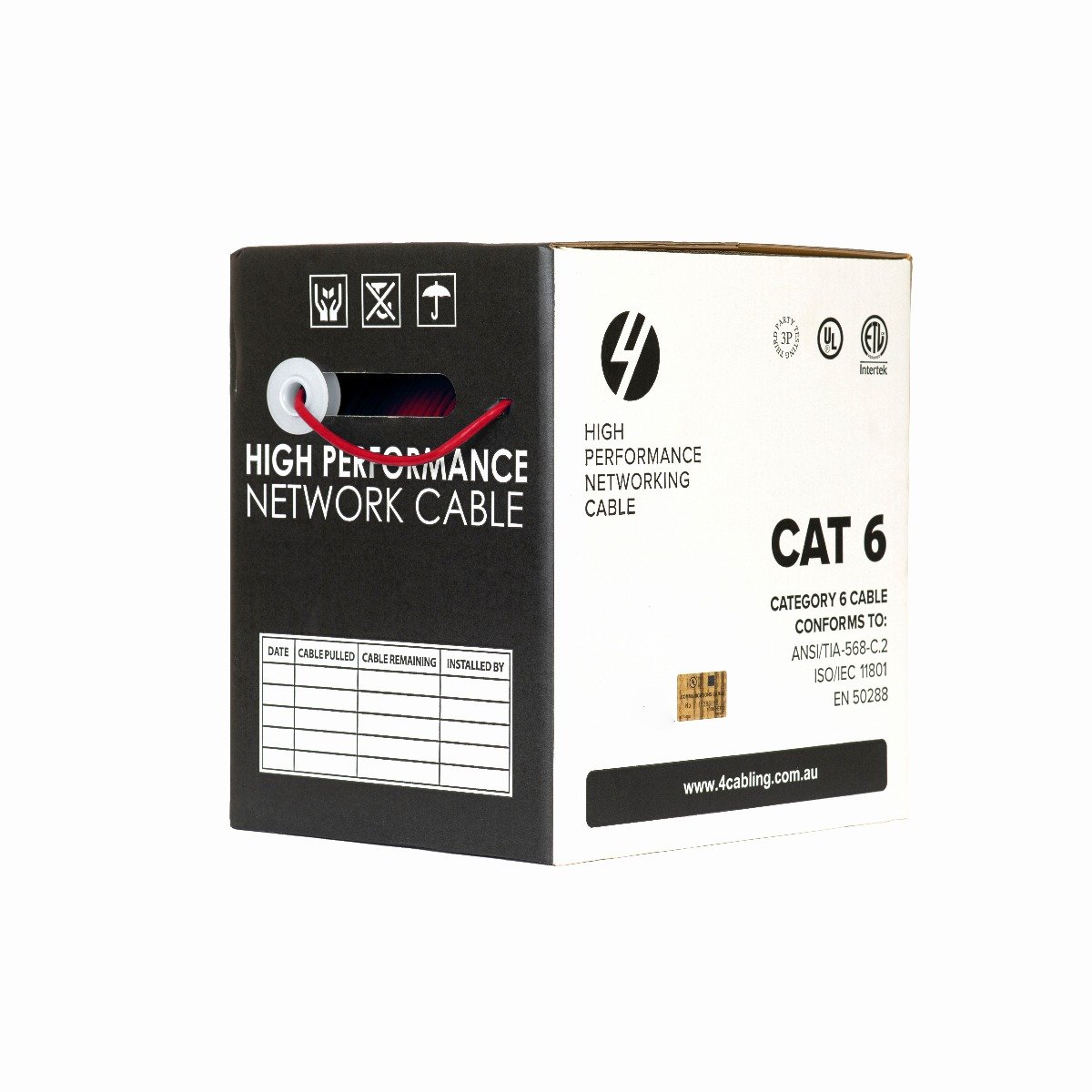 CAT6 Ethernet 305m Cable Reel Box in red, featuring solid conductors and a durable PVC outer jacket, ideal for high-speed networking.