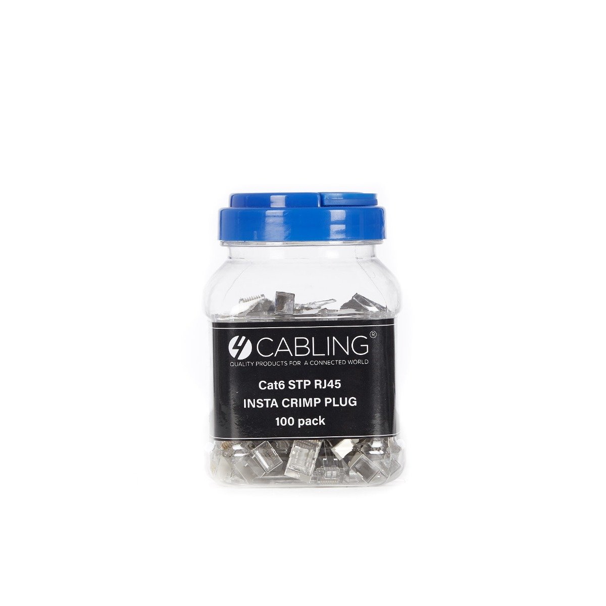 A pack of 100 CAT6 STP RJ45 Insta Crimp Plugs, designed for efficient network connections with shielded cables.