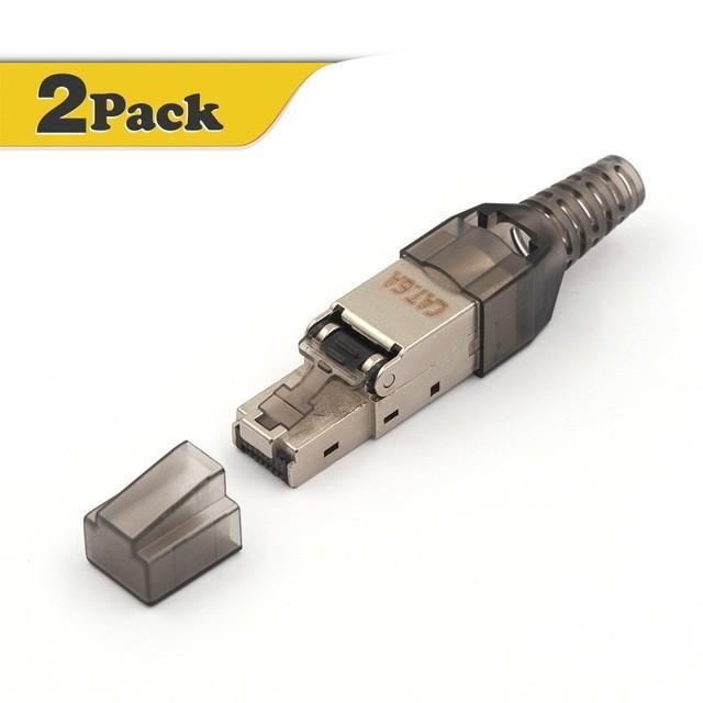 Two Cat6A shielded field terminating connectors in a pack, designed for high-speed networking and easy installation.