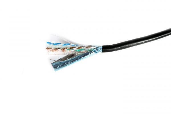 Category 6 FTP Gel Filled cable in a pull box, showcasing its black UV resistant exterior and solid copper construction.