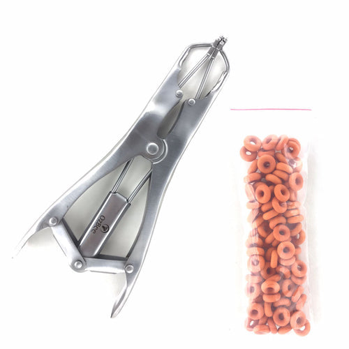 Cattle Lamb Sheep Stainless Steel Elastrator Castrating Plier with 100 rubber rings, designed for efficient livestock castration and tail banding.