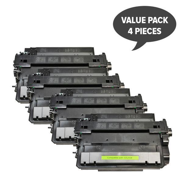 Four CE255X #55X Black Compatible Laser Toner cartridges arranged neatly, showcasing their premium quality and design.