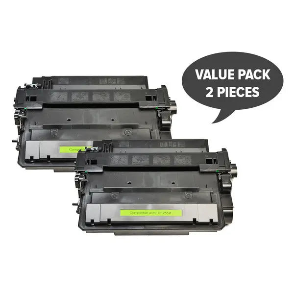 Two CE255X #55X Premium Generic Toner cartridges in packaging, designed for HP printers.