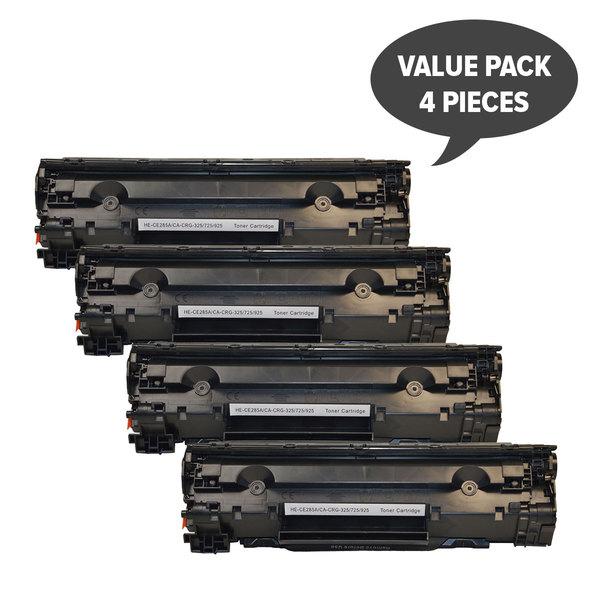 Four CE285A #85A Black Generic Toner cartridges in packaging, designed for laser printers, offering high-quality printing.