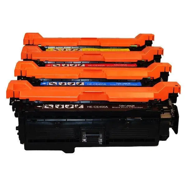 CE400A #507A Series Premium Generic Toner Set featuring four toner cartridges in vibrant colors.