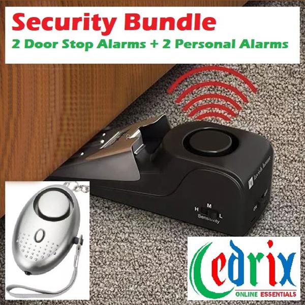 Cedrix Security Bundle featuring two Door Stop Alarms and two Personal Alarms, designed for home and personal safety.