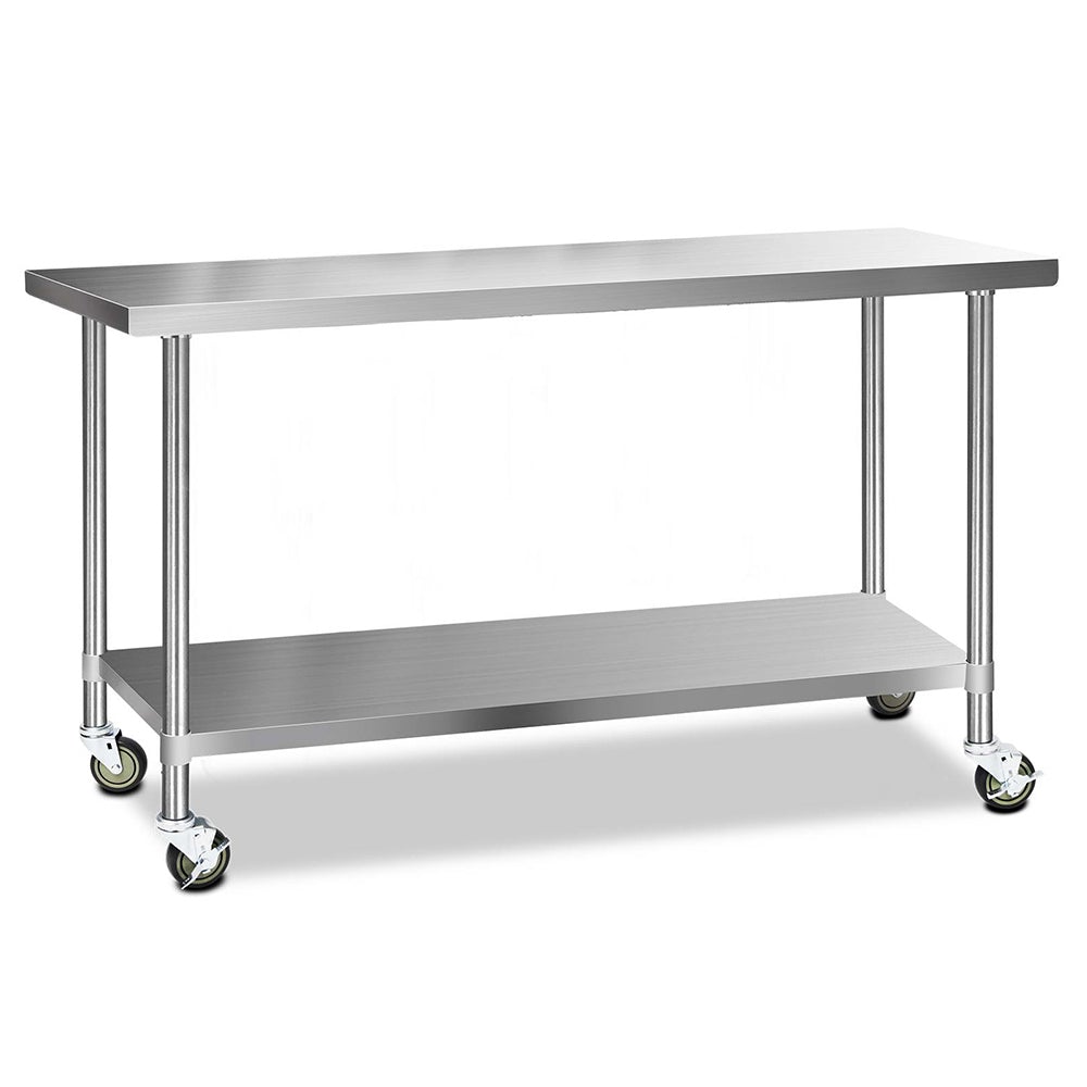 Cefito 304 Stainless Steel Kitchen Bench with wheels, featuring adjustable shelving and a durable design, ideal for food preparation.