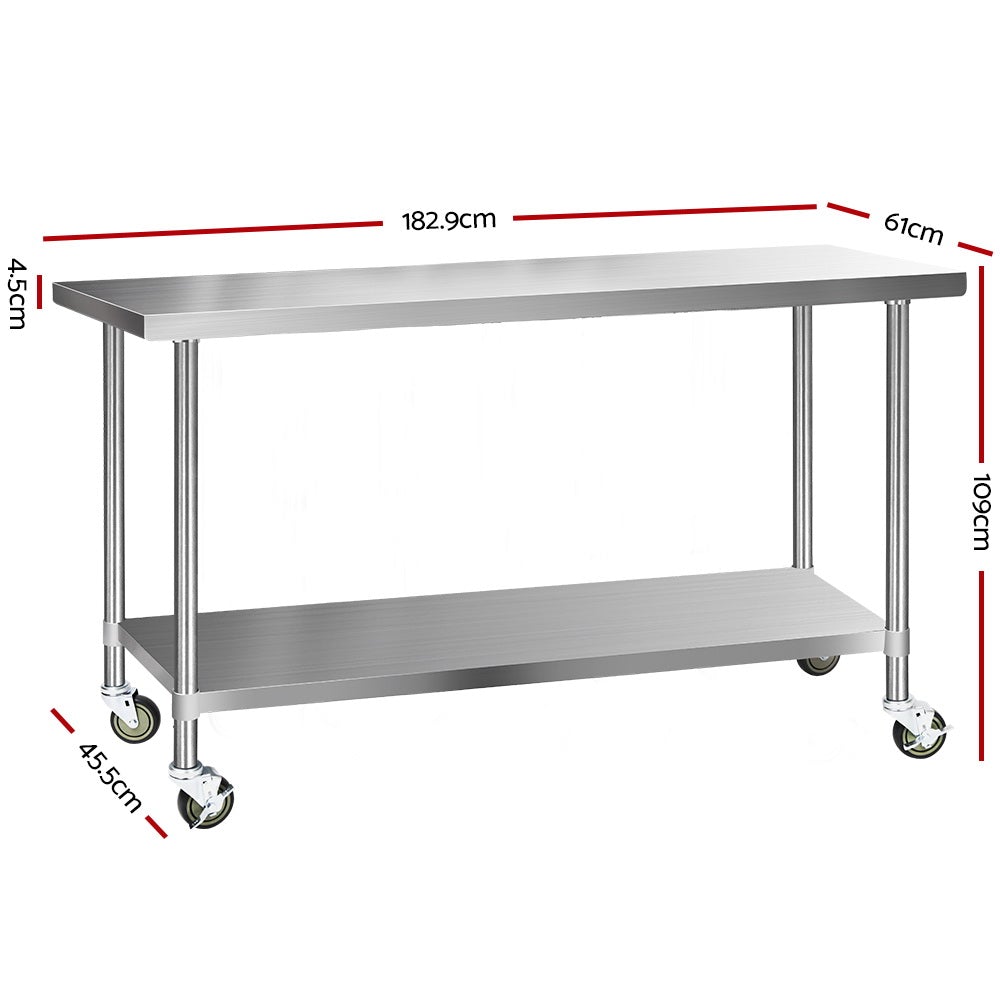 Cefito 304 Stainless Steel Kitchen Bench with wheels, featuring adjustable shelving and a durable design, ideal for food preparation.