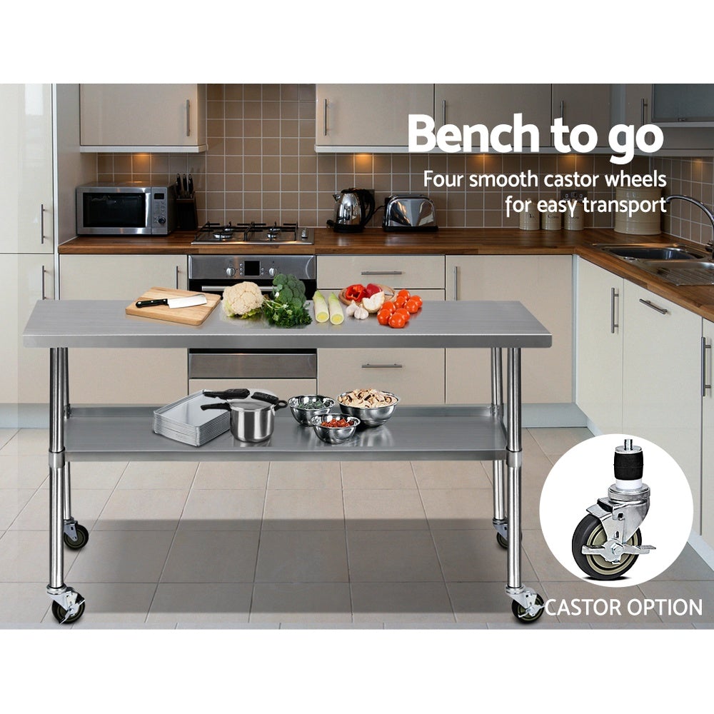 Cefito 304 Stainless Steel Kitchen Bench with wheels, featuring adjustable shelving and a durable design, ideal for food preparation.