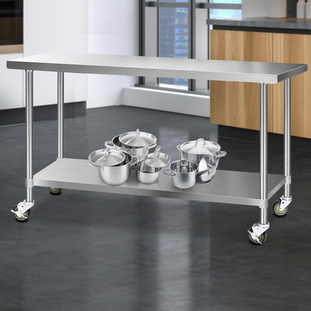 Cefito 304 Stainless Steel Kitchen Bench with wheels, featuring adjustable shelving and a durable design, ideal for food preparation.