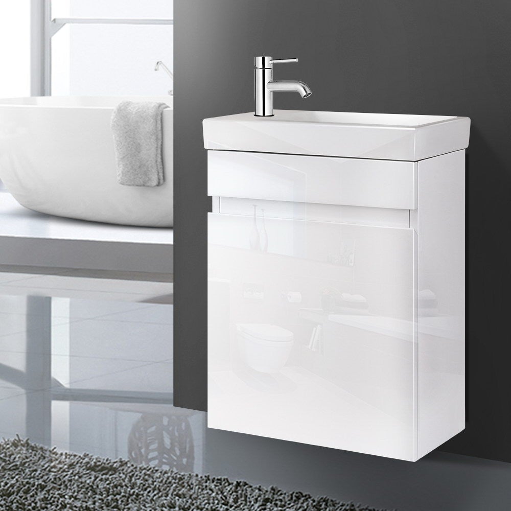 Cefito 400mm Bathroom Vanity Basin Cabinet in high-gloss finish with crystalline ceramic basin, showcasing modern design and ample storage.