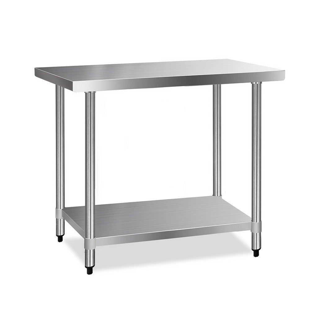 Cefito 610 x 1219mm Commercial Stainless Steel Kitchen Bench with adjustable under-shelving and robust steel legs.