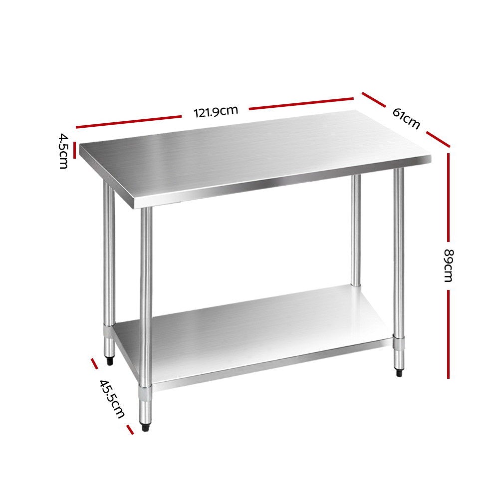 Cefito 610 x 1219mm Commercial Stainless Steel Kitchen Bench with adjustable under-shelving and robust steel legs.