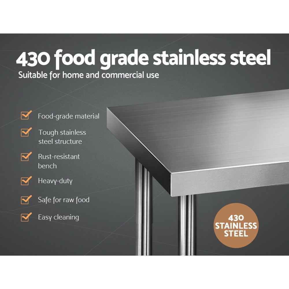 Cefito 610 x 1219mm Commercial Stainless Steel Kitchen Bench with adjustable under-shelving and robust steel legs.