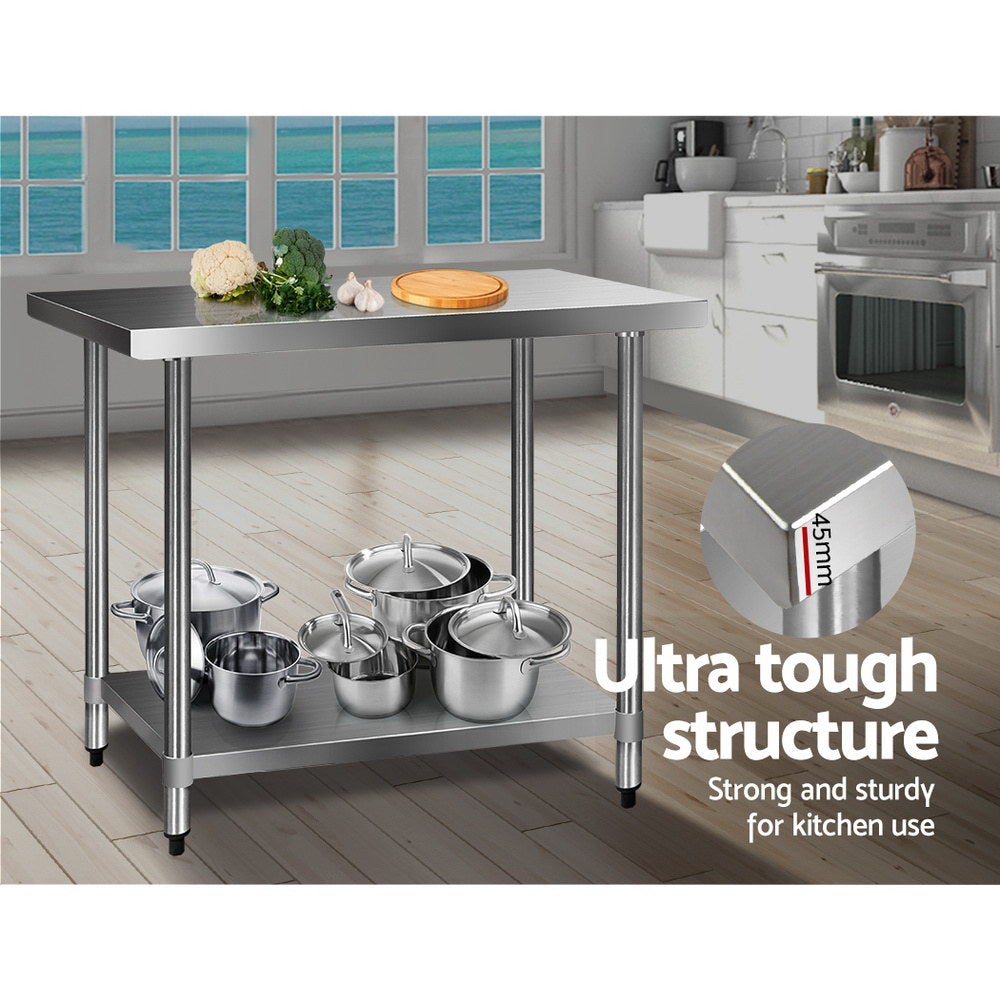 Cefito 610 x 1219mm Commercial Stainless Steel Kitchen Bench with adjustable under-shelving and robust steel legs.