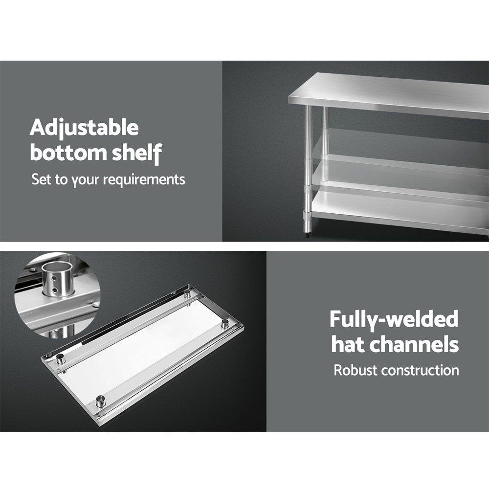 Cefito 610 x 1219mm Commercial Stainless Steel Kitchen Bench with adjustable under-shelving and robust steel legs.