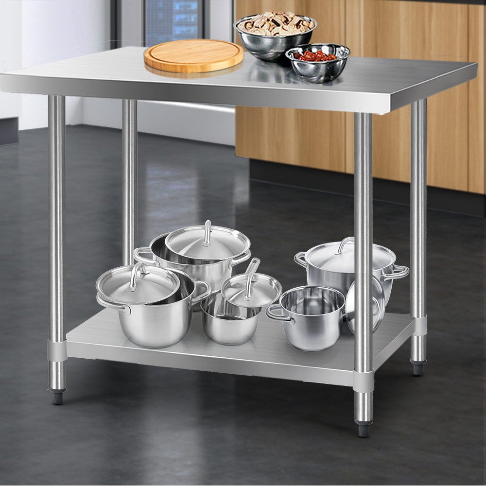 Cefito 610 x 1219mm Commercial Stainless Steel Kitchen Bench with adjustable under-shelving and robust steel legs.