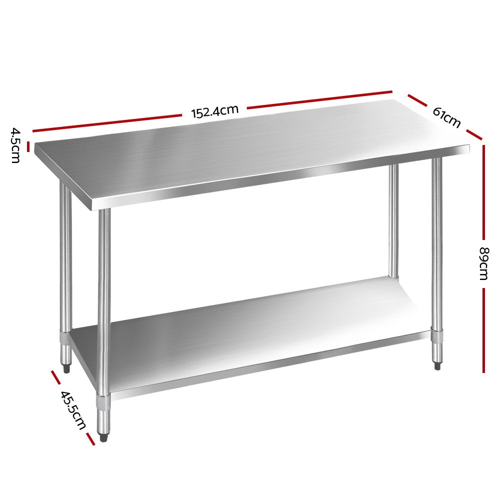 Cefito 610 x 1524mm Commercial Stainless Steel Kitchen Bench with robust steel legs and adjustable features.