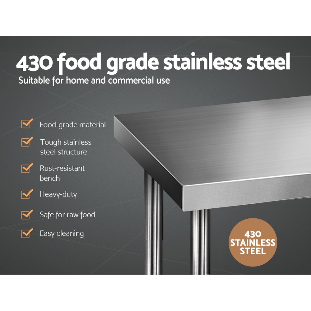 Cefito 610 x 1524mm Commercial Stainless Steel Kitchen Bench with robust steel legs and adjustable features.