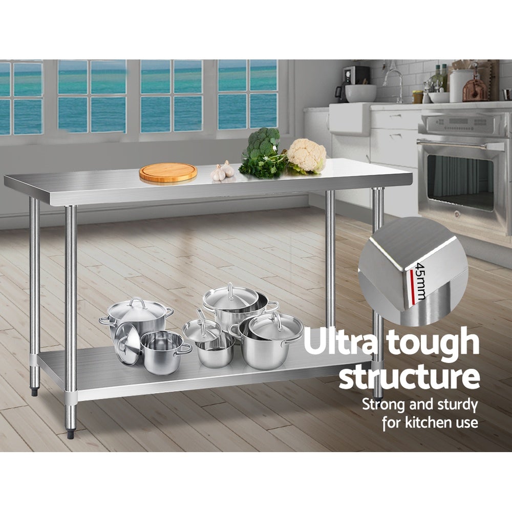 Cefito 610 x 1524mm Commercial Stainless Steel Kitchen Bench with robust steel legs and adjustable features.