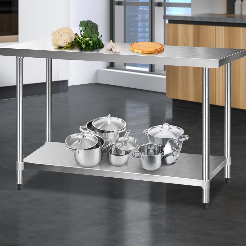 Cefito 610 x 1524mm Commercial Stainless Steel Kitchen Bench with robust steel legs and adjustable features.