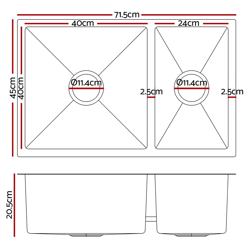 Cefito 71cm x 45cm stainless steel kitchen sink showcasing its sleek design and rounded corners.