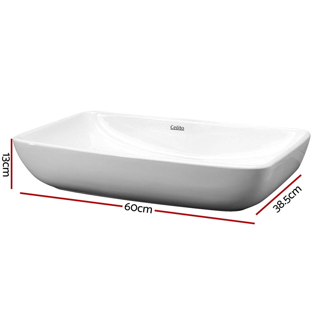 Cefito Ceramic Rectangle Sink Bowl in White, showcasing its high gloss finish and elegant design.