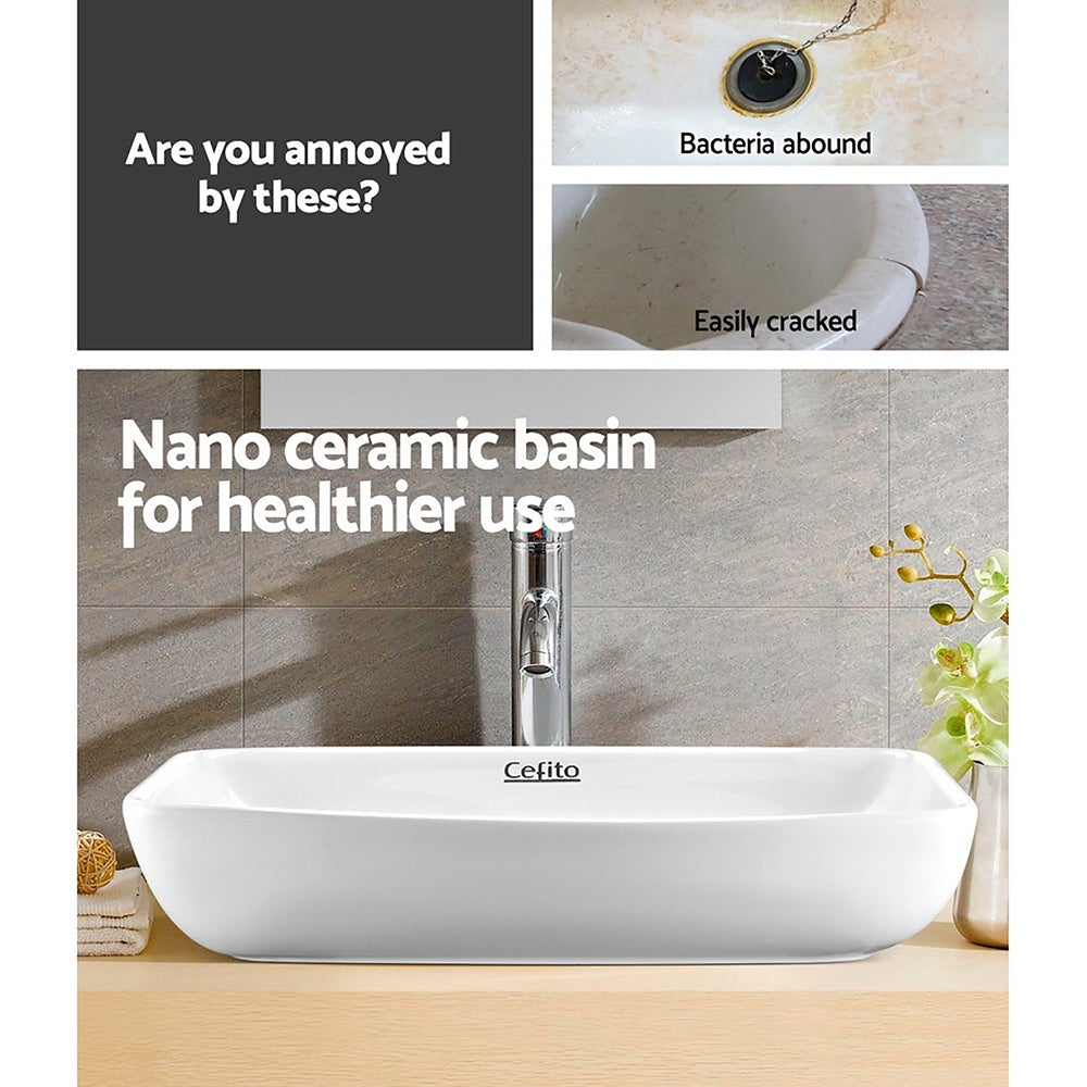 Cefito Ceramic Rectangle Sink Bowl in White, showcasing its high gloss finish and elegant design.