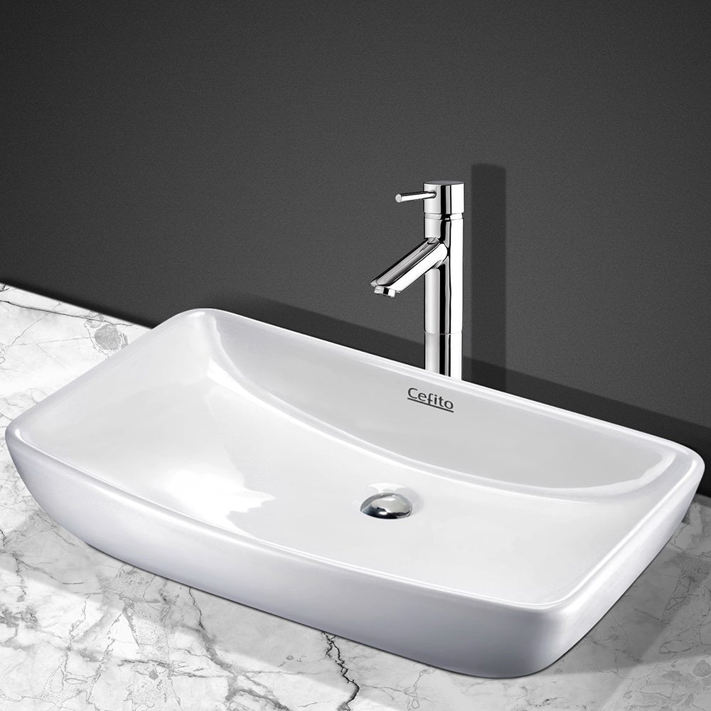 Cefito Ceramic Rectangle Sink Bowl in White, showcasing its high gloss finish and elegant design.