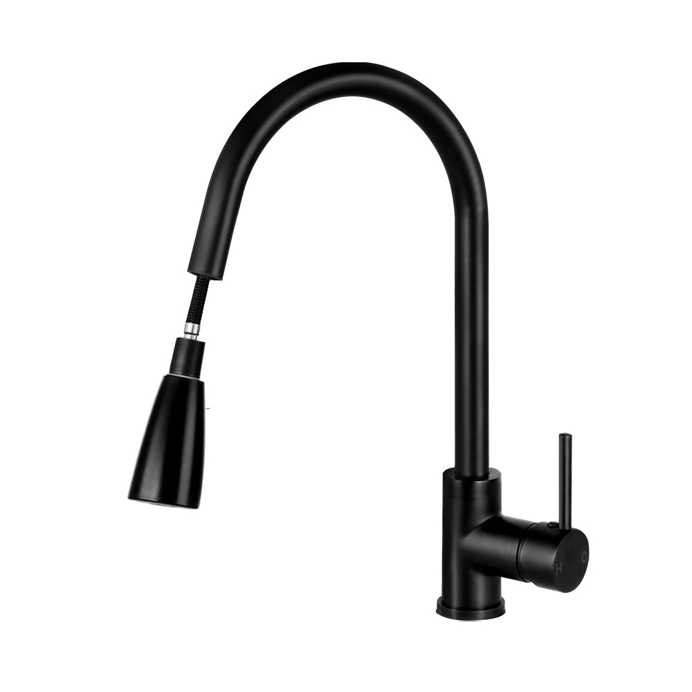 Cefito Pull-out Mixer Faucet Tap in Black with gooseneck design and pull-out spray feature, showcasing its modern and sleek appearance.