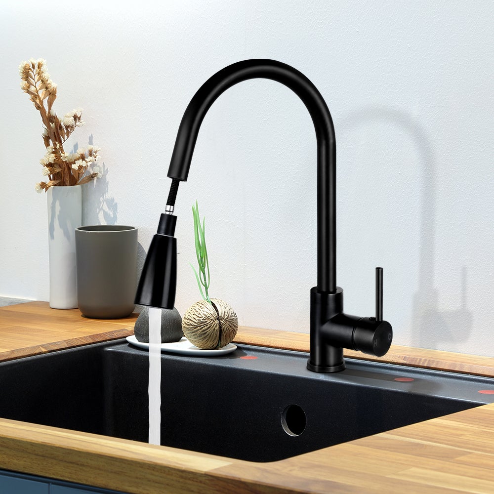 Cefito Pull-out Mixer Faucet Tap in Black with gooseneck design and pull-out spray feature, showcasing its modern and sleek appearance.