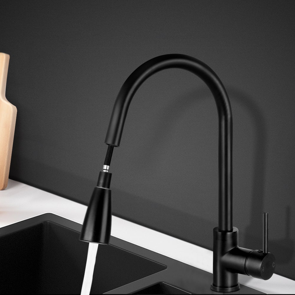 Cefito Pull-out Mixer Faucet Tap in Black with gooseneck design and pull-out spray feature, showcasing its modern and sleek appearance.