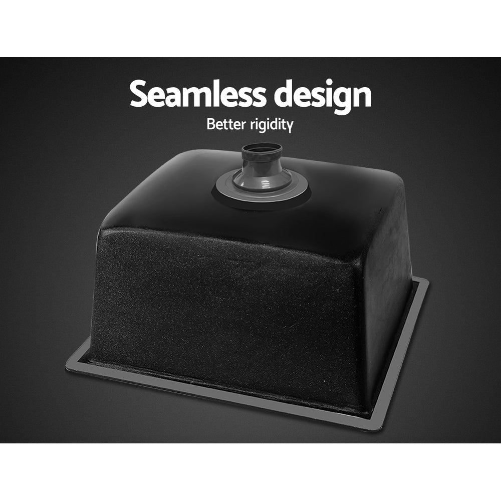 Cefito Stone Kitchen Sink 450X450MM in black granite, showcasing its sleek design and R15 rounded corners.