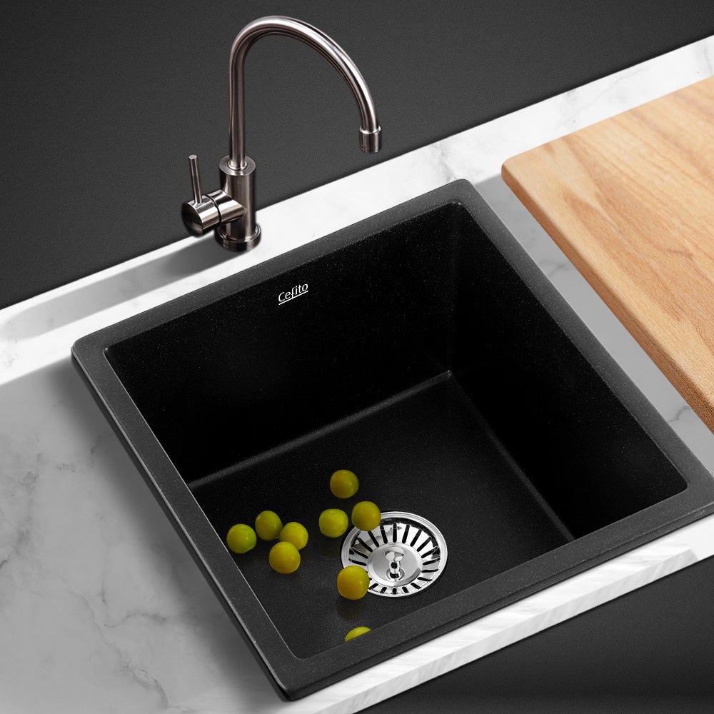 Cefito Stone Kitchen Sink 450X450MM in black granite, showcasing its sleek design and R15 rounded corners.