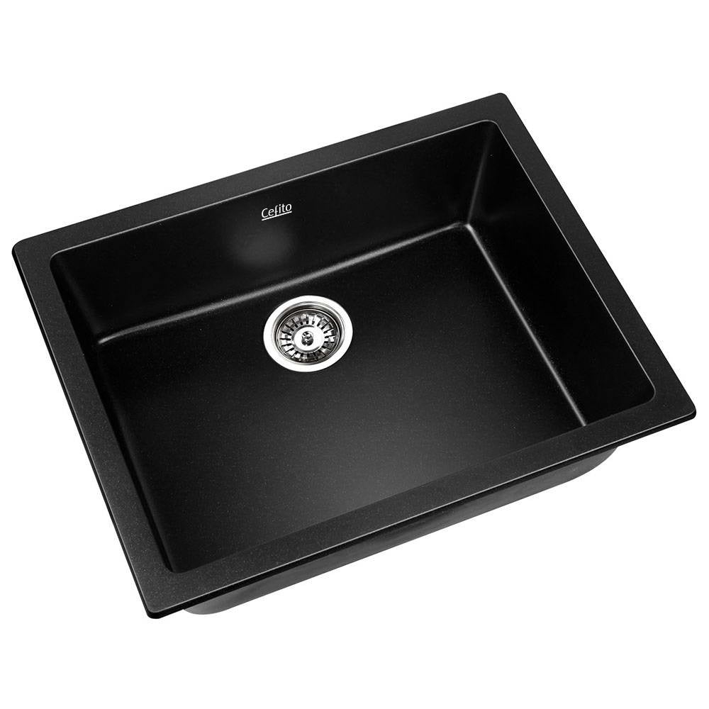 Cefito Stone Kitchen Sink 610X470MM in black granite, showcasing its sleek design and R15 rounded corners.