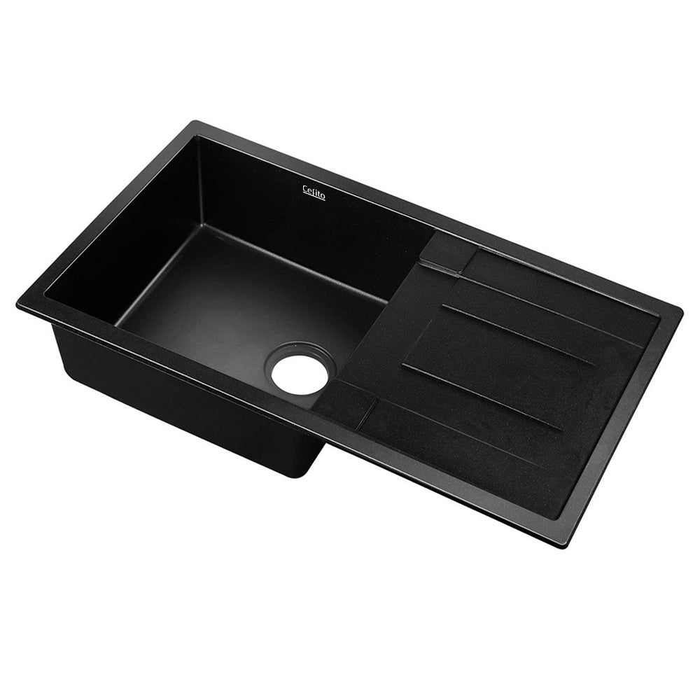 Cefito Stone Kitchen Sink 860X500MM showcasing a sleek black granite finish with R15 rounded corners, ideal for modern kitchens.