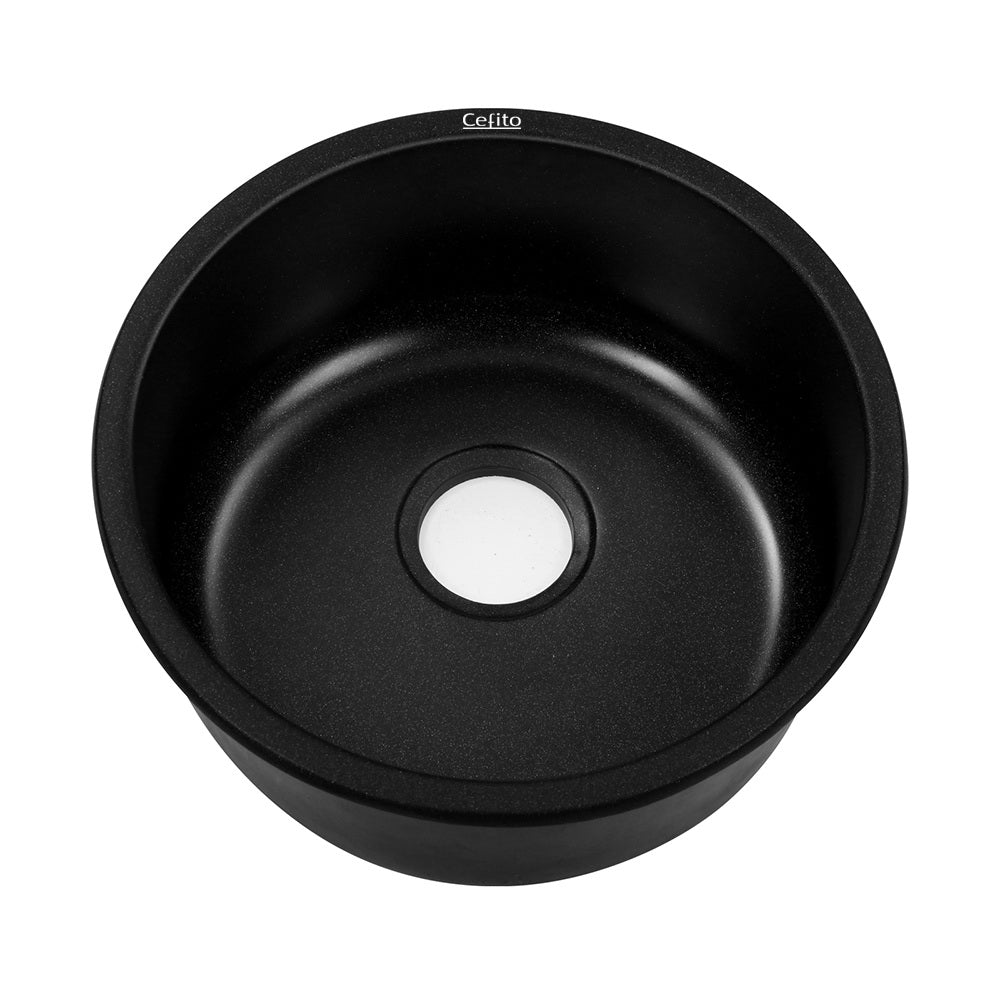 Cefito Stone Kitchen Sink Round 430MM in black granite, showcasing its sleek design and silky textured surface.