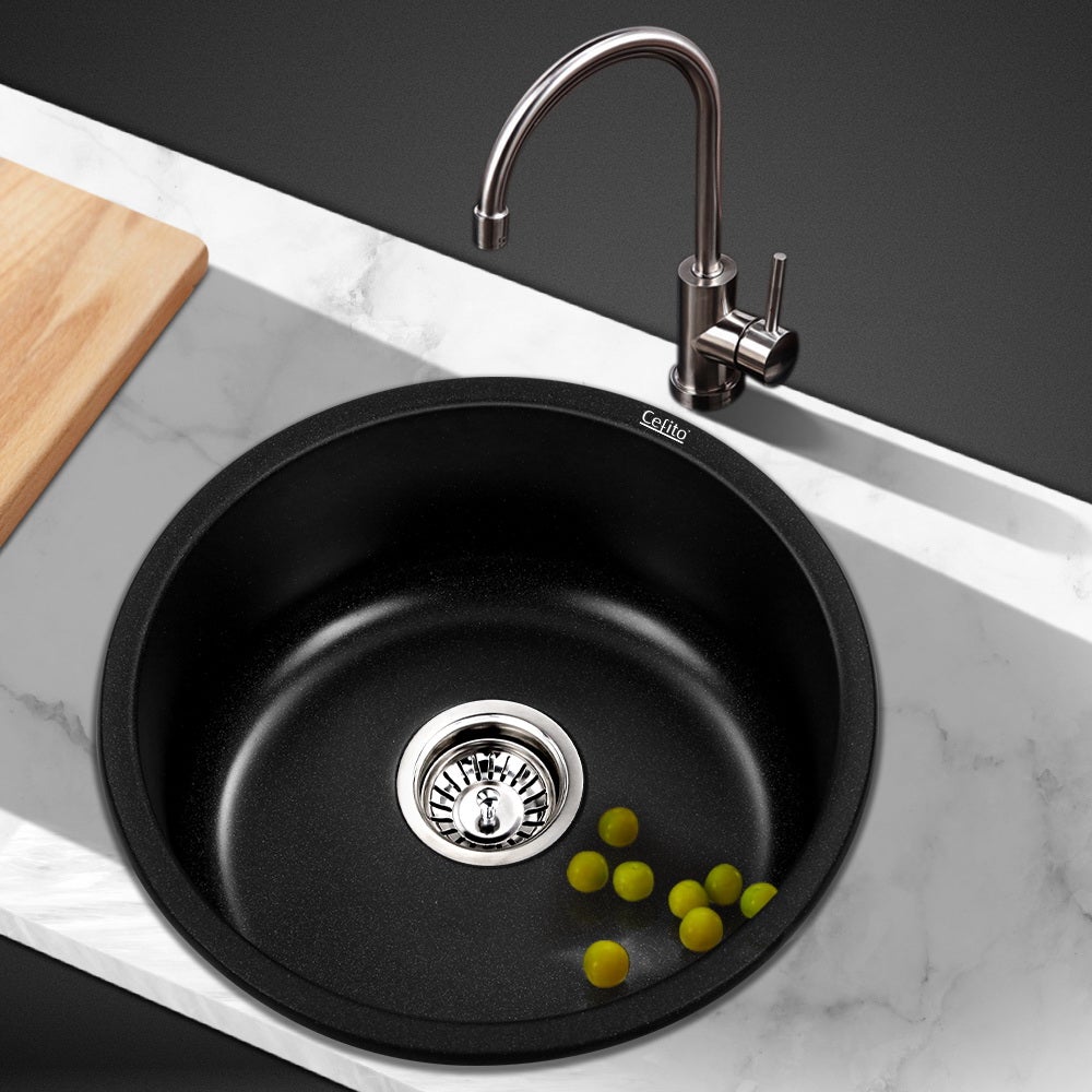 Cefito Stone Kitchen Sink Round 430MM in black granite, showcasing its sleek design and silky textured surface.