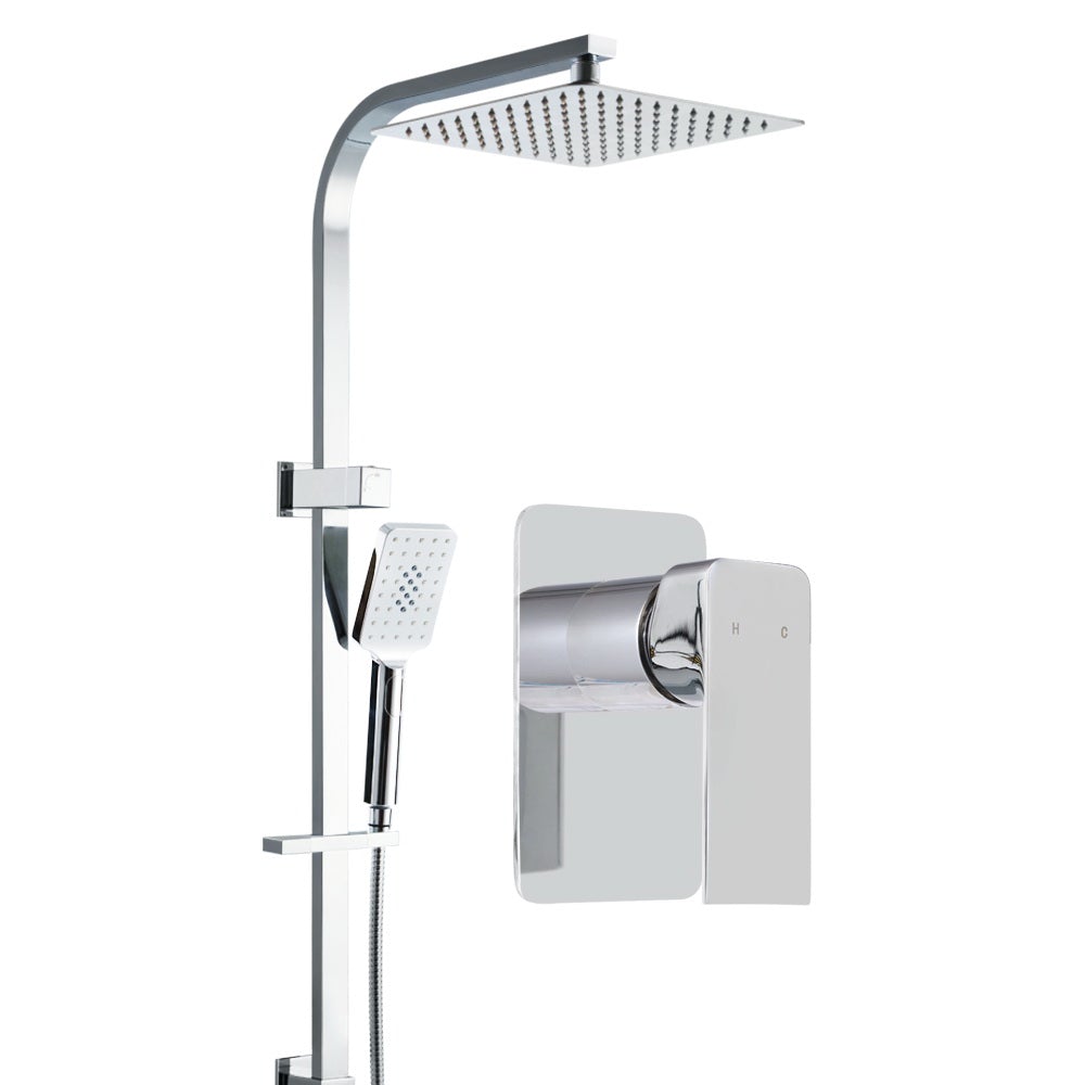 Cefito WELS 10'' Rain Shower Head Mixer with chrome finish and solid brass construction, showcasing overhead and handheld shower heads.