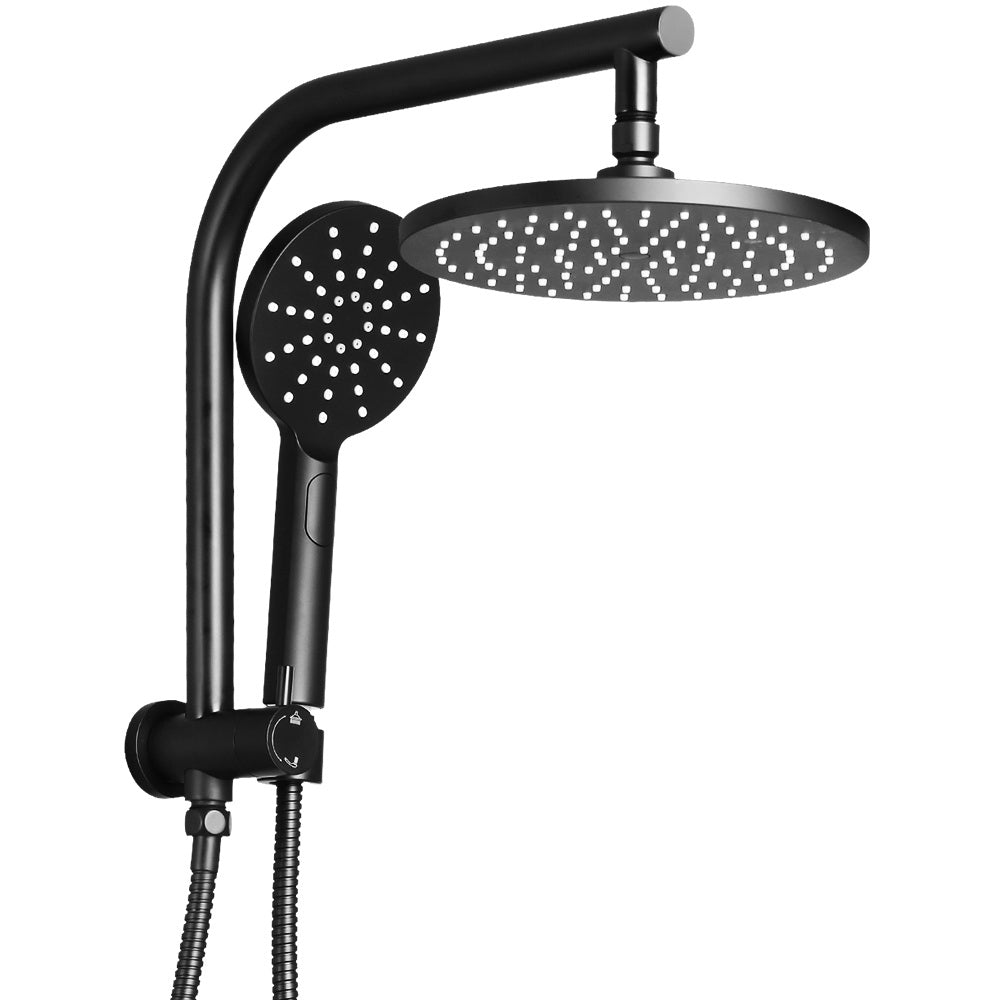 Cefito WELS 9'' Rain Shower Head Set featuring a round overhead shower and handheld shower head in matte black finish, showcasing its solid brass construction.