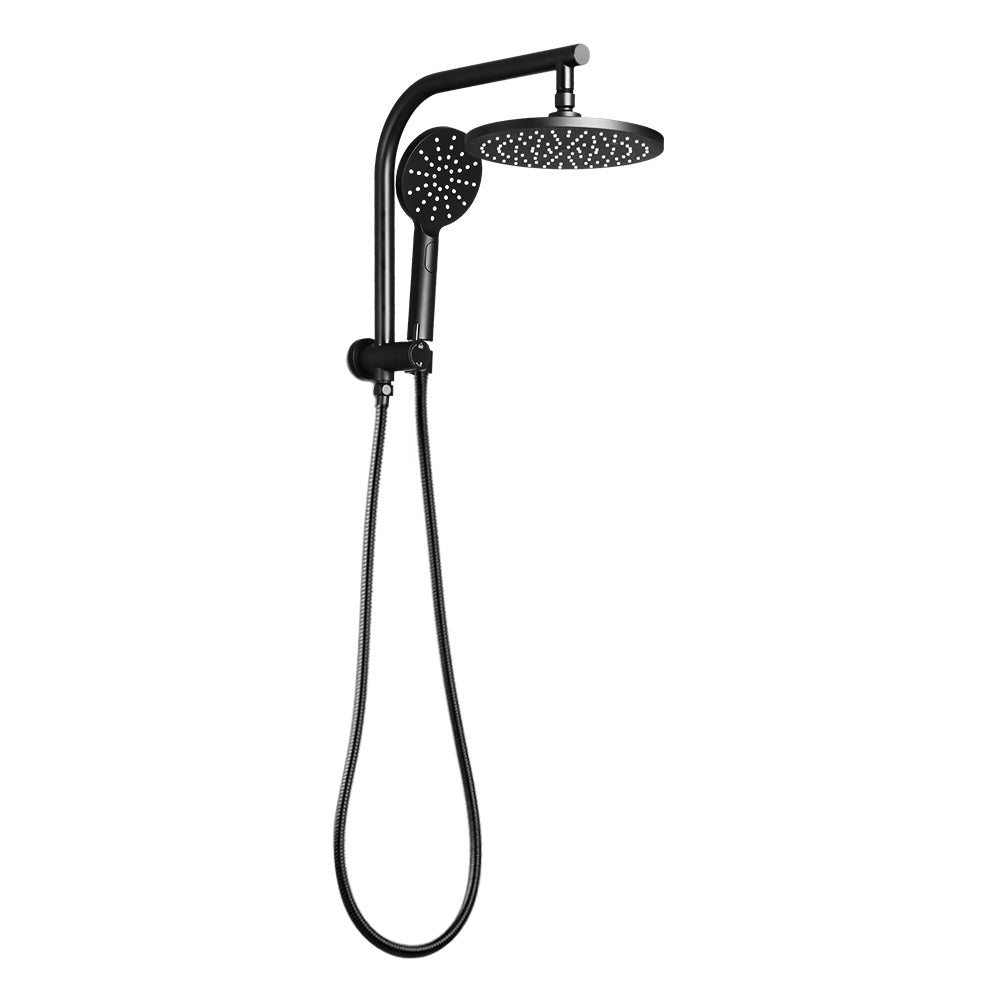 Cefito WELS 9'' Rain Shower Head Set featuring a round overhead shower and handheld shower head in matte black finish, showcasing its solid brass construction.