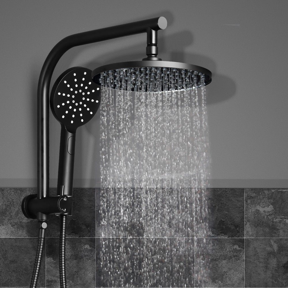 Cefito WELS 9'' Rain Shower Head Set featuring a round overhead shower and handheld shower head in matte black finish, showcasing its solid brass construction.