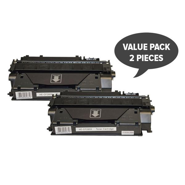 Two CF280X #80x Premium Generic Toner cartridges for HP printers, showcasing their sleek design and packaging.