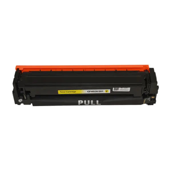 CF402X #201X Premium Generic Yellow Toner Cartridge, showcasing its vibrant yellow color and sleek design.