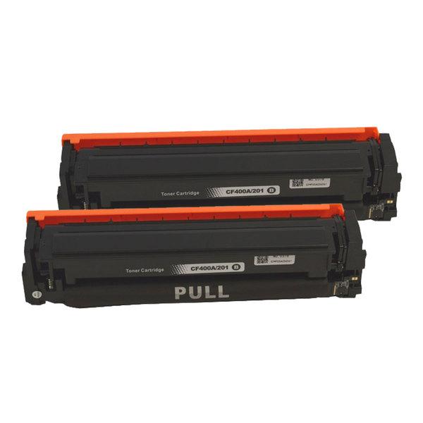 Two CF400A #201A Premium Generic Black Toner Cartridges, designed for high-quality printing.