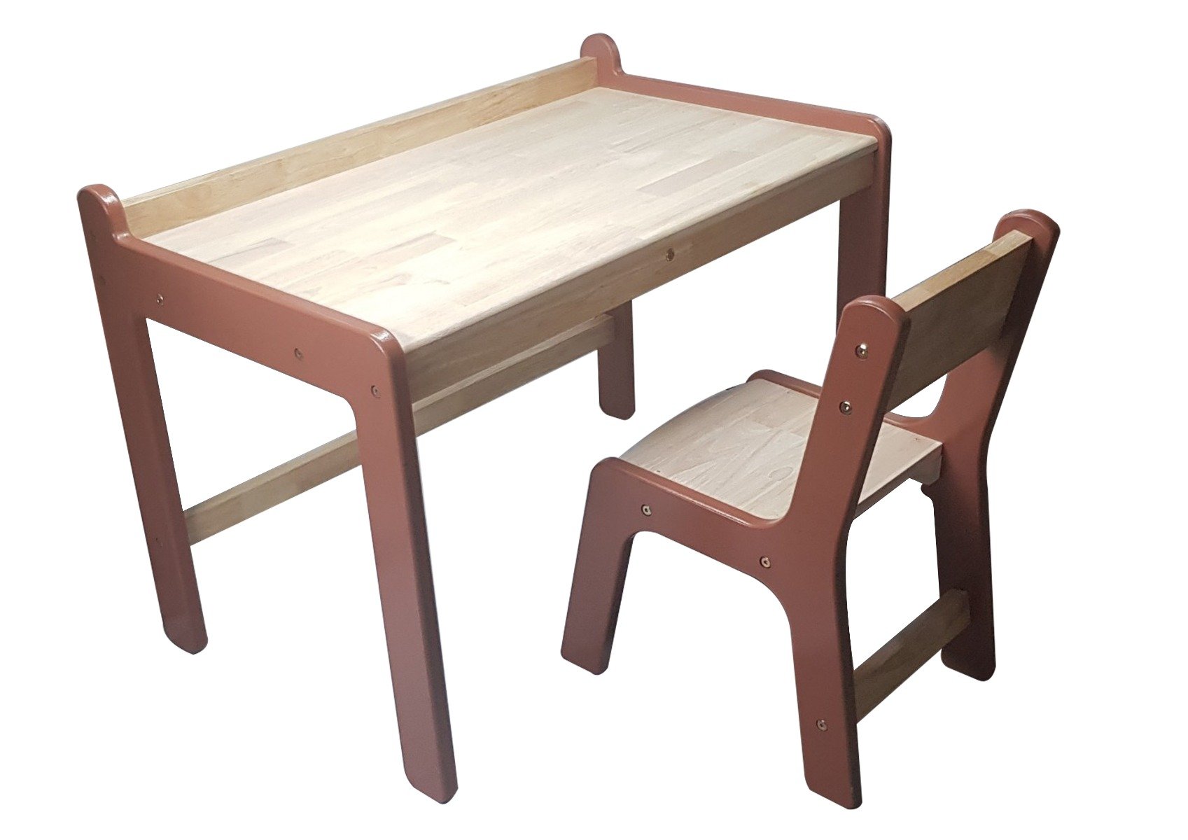 A wooden child study desk set featuring a desk and chair designed for small children, showcasing a smooth finish and rounded edges for safety.