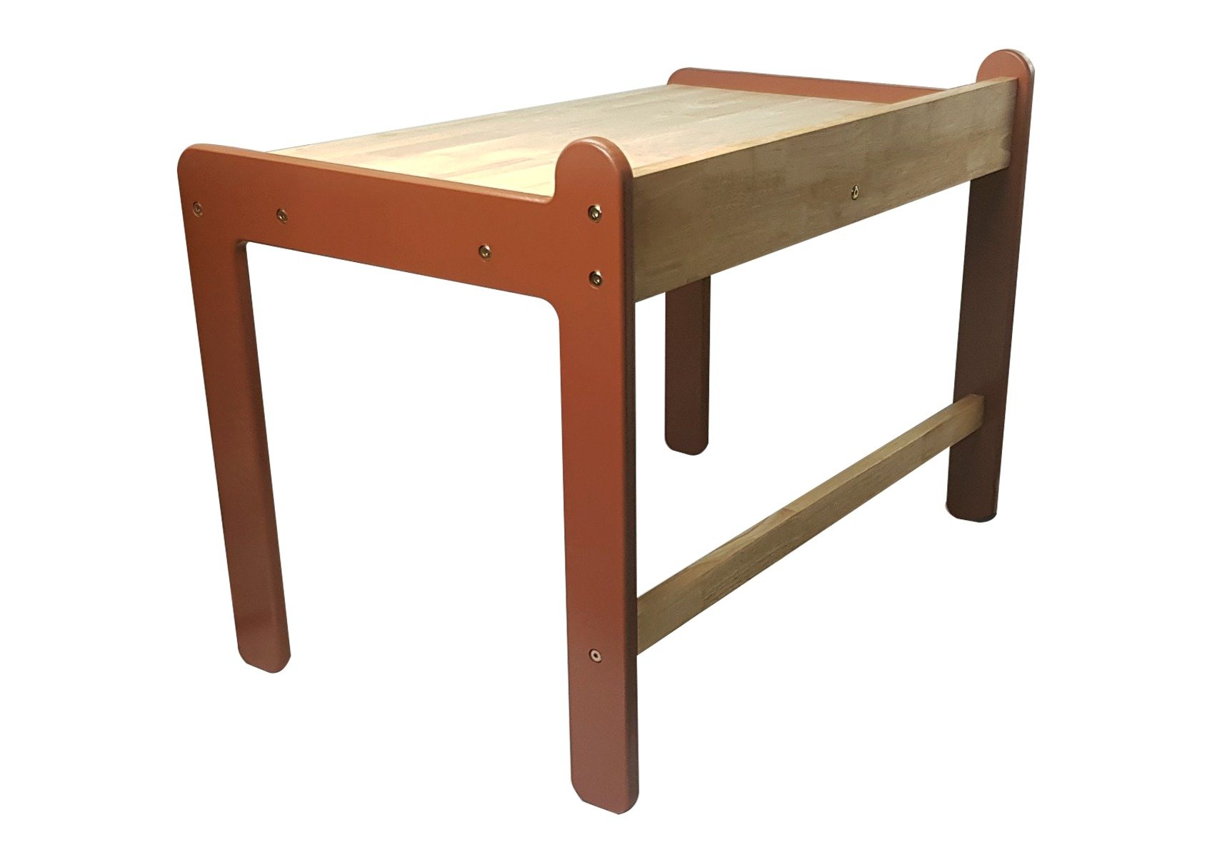 A wooden child study desk set featuring a desk and chair designed for small children, showcasing a smooth finish and rounded edges for safety.