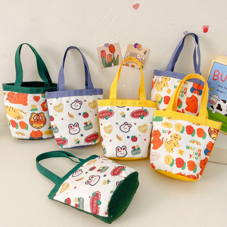 Children's cute cartoon canvas bag featuring vibrant colors and playful designs, perfect for carrying toys and snacks.